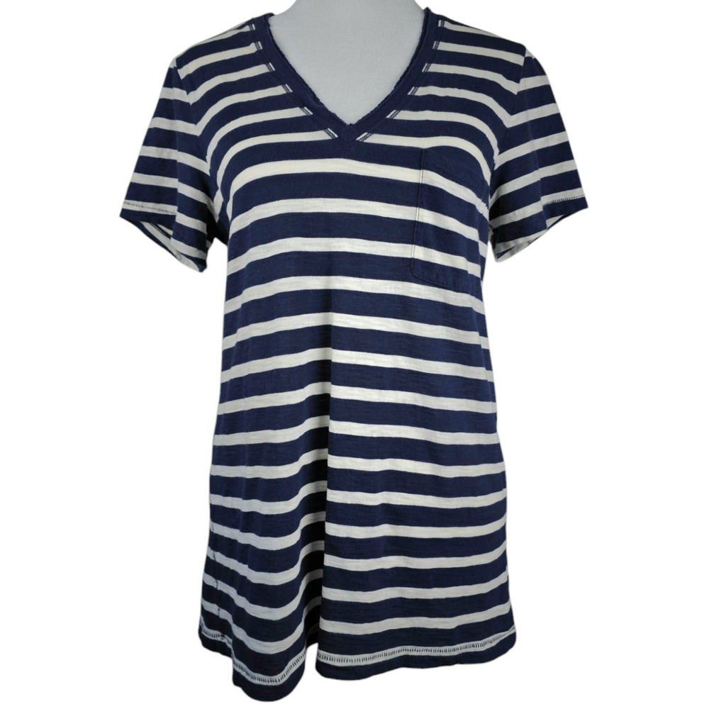 Madewell T Shirt Womens‎ M Striped V-Neck Short Sleeve Navy White Top Nautical